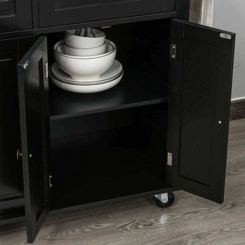 Rolling Kitchen Island with Rubber Wood Top and Storage, Spice Rack, Towel Rack, Black