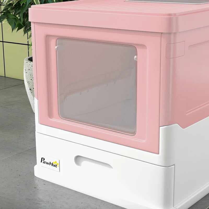 Top Entry Enclosed Kitty Litter Box with Scoop, Tray, Front Entry, Large Space, Foldable, Portable, Pink