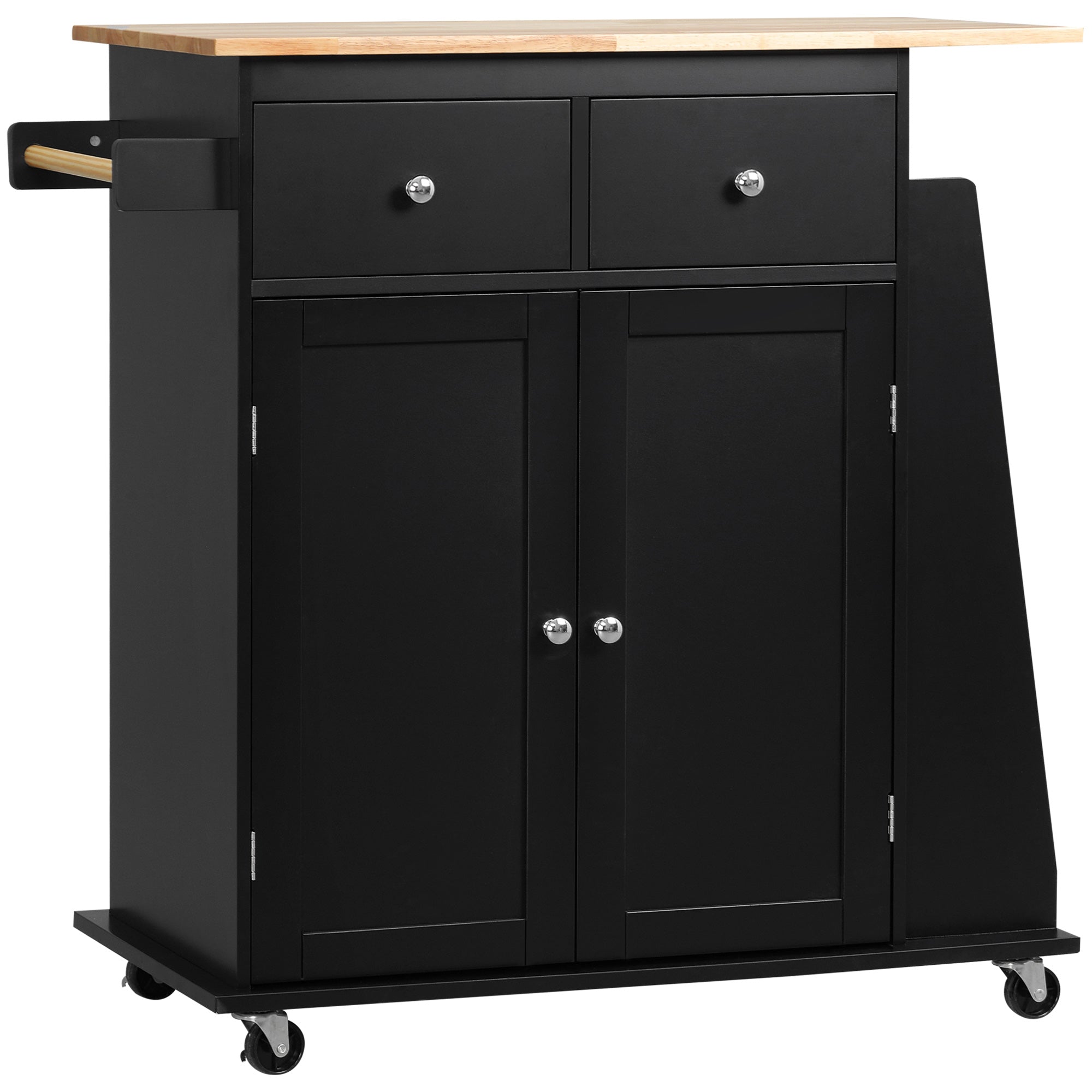 HOMCOM Kitchen Essentials: Rubber Wood Top Trolley Cart, 3-Tier Spice Rack, Towel Bar Storage, Black Finish