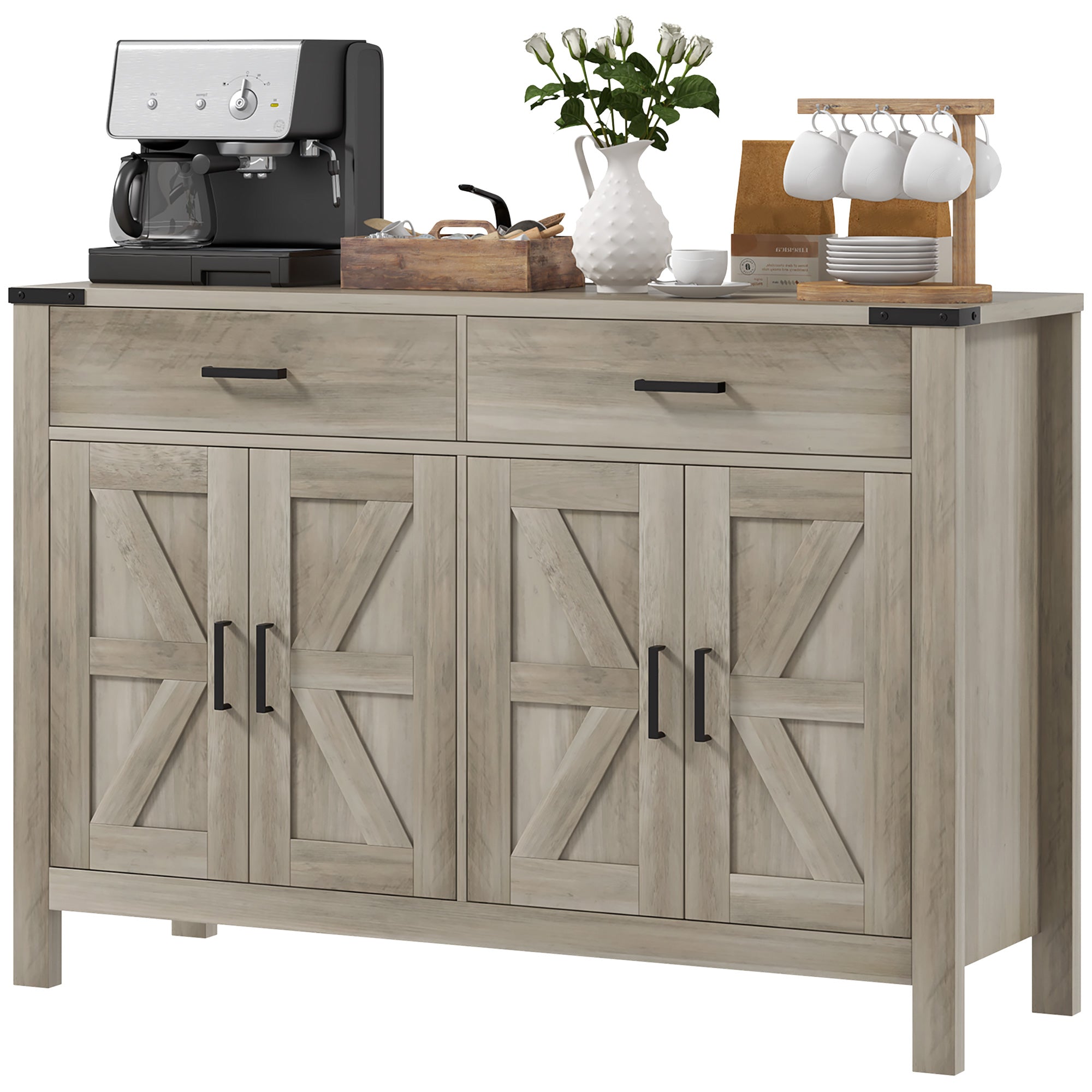 HOMCOM Farmhouse Buffet Cabinet Sideboard with 2 Drawers, 2 Storage Cabinets and Adjustable Shelves, Grey