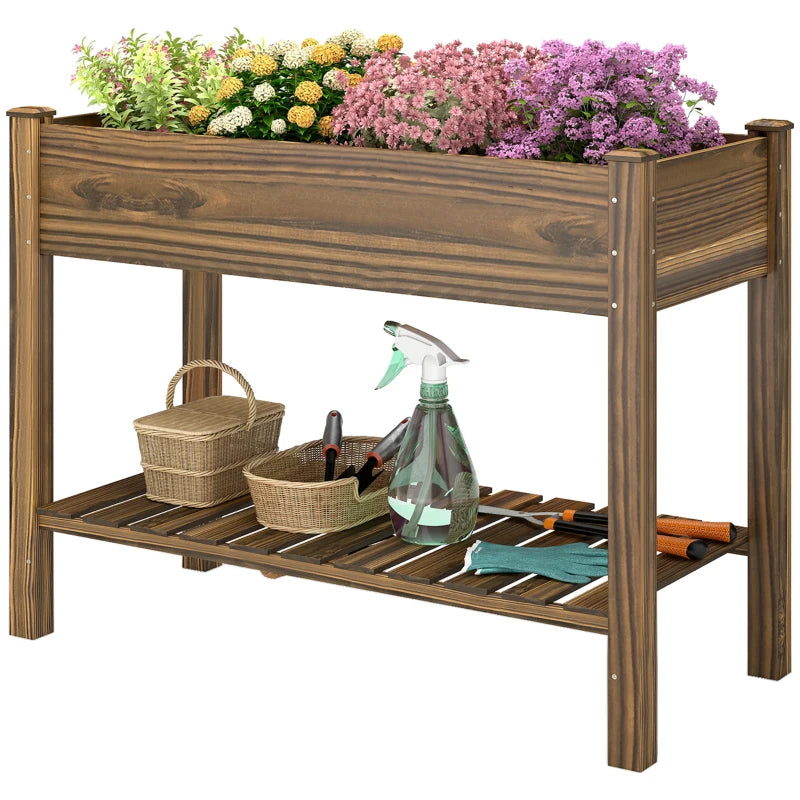 Elevated Planter Box w/ Legs and Storage Shelf, Raised Garden Bed, Elevated Wooden Planter Box, Carbonized
