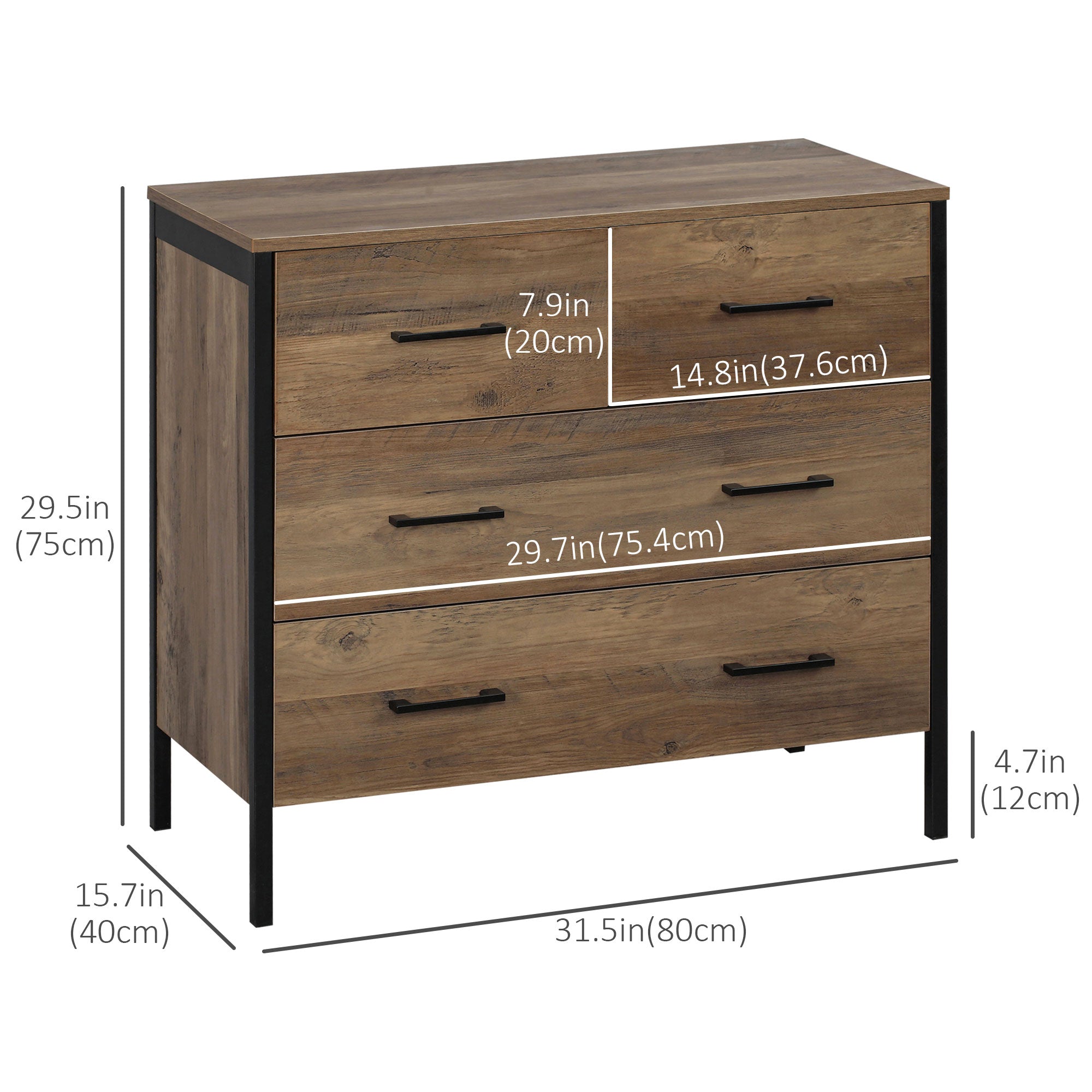 HOMCOM Rustic 4 Drawer Dresser with Metal Frame Handles Chest of Drawers for Living Room Bedroom Storage Brown