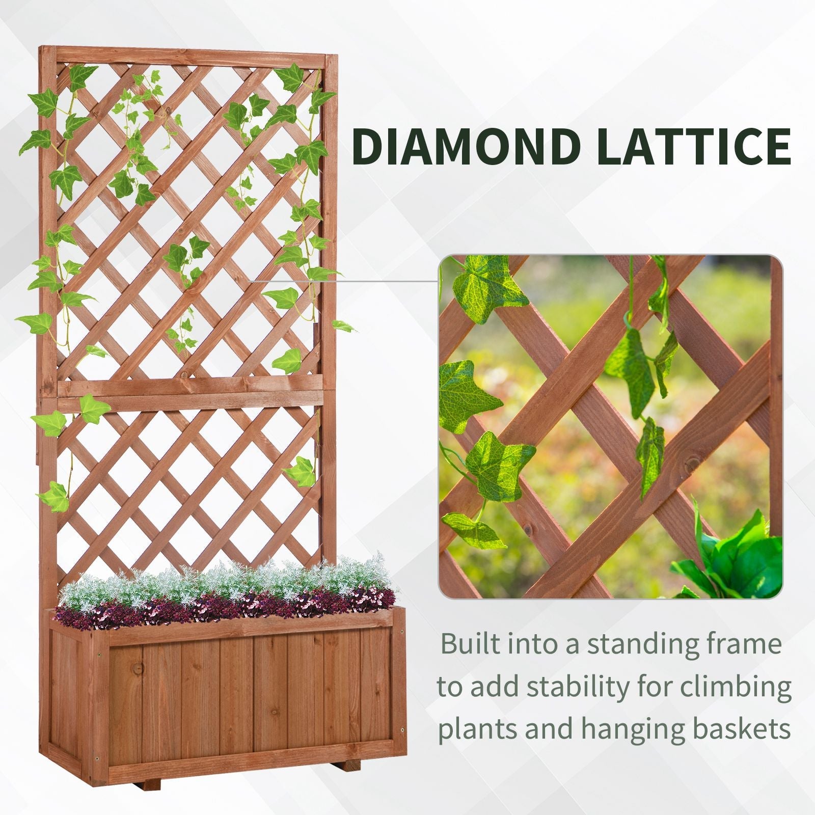 Outsunny Garden Wooden Pine Planter with Trellis for Climbing Plants Flower Raised Bed 2.4x1x4.9ft Orange