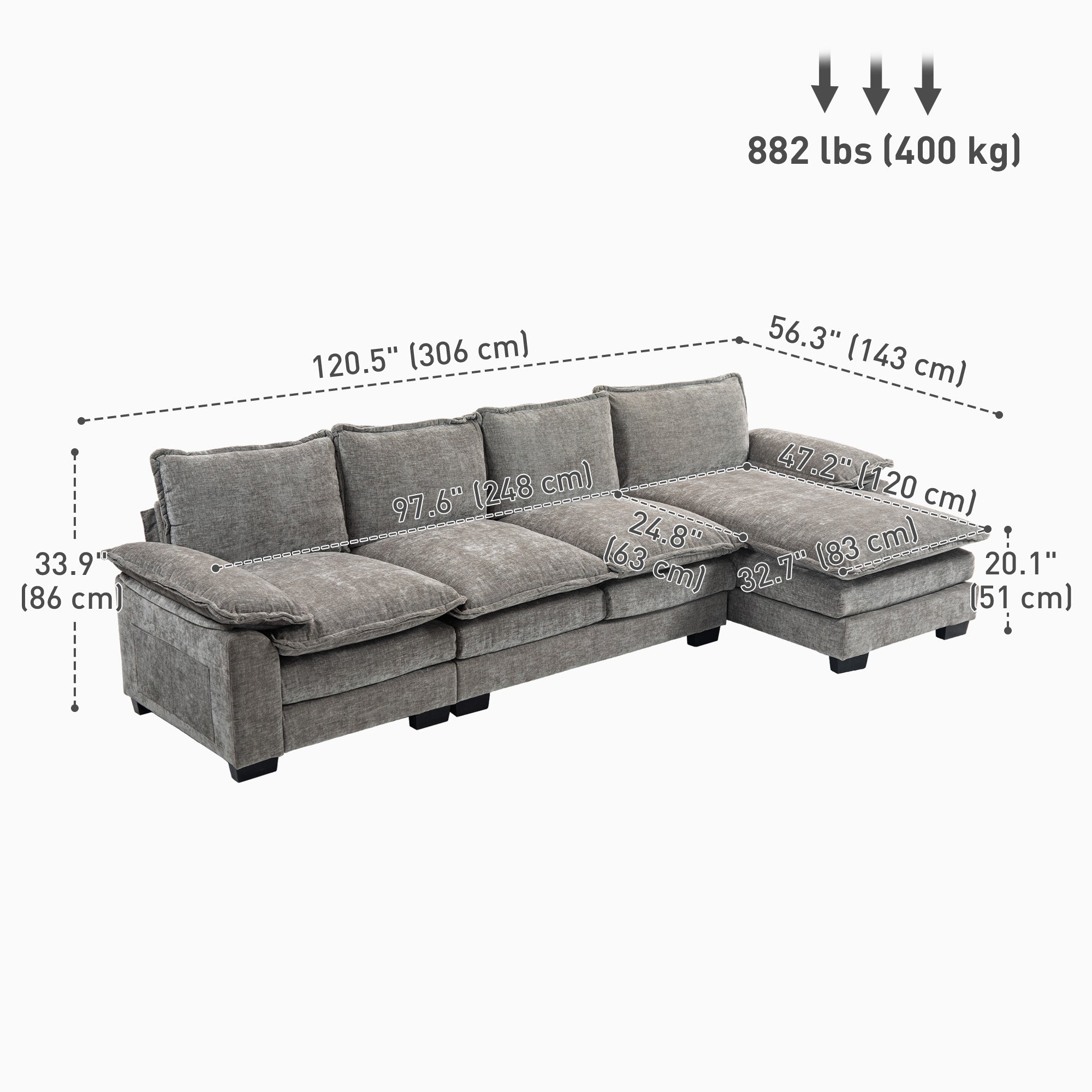HOMCOM Sofa Couch with Chaise Lounge, Chenille L-shaped Couch with Double-layer Seat Cushion for Living Room, Grey