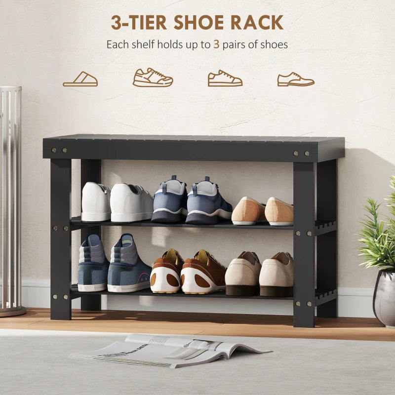 Bamboo Shoe Storage Bench, 3-Tier Entryway Bench with 2 Storage Shelves for Hallway, Holds 6 Pairs, Black