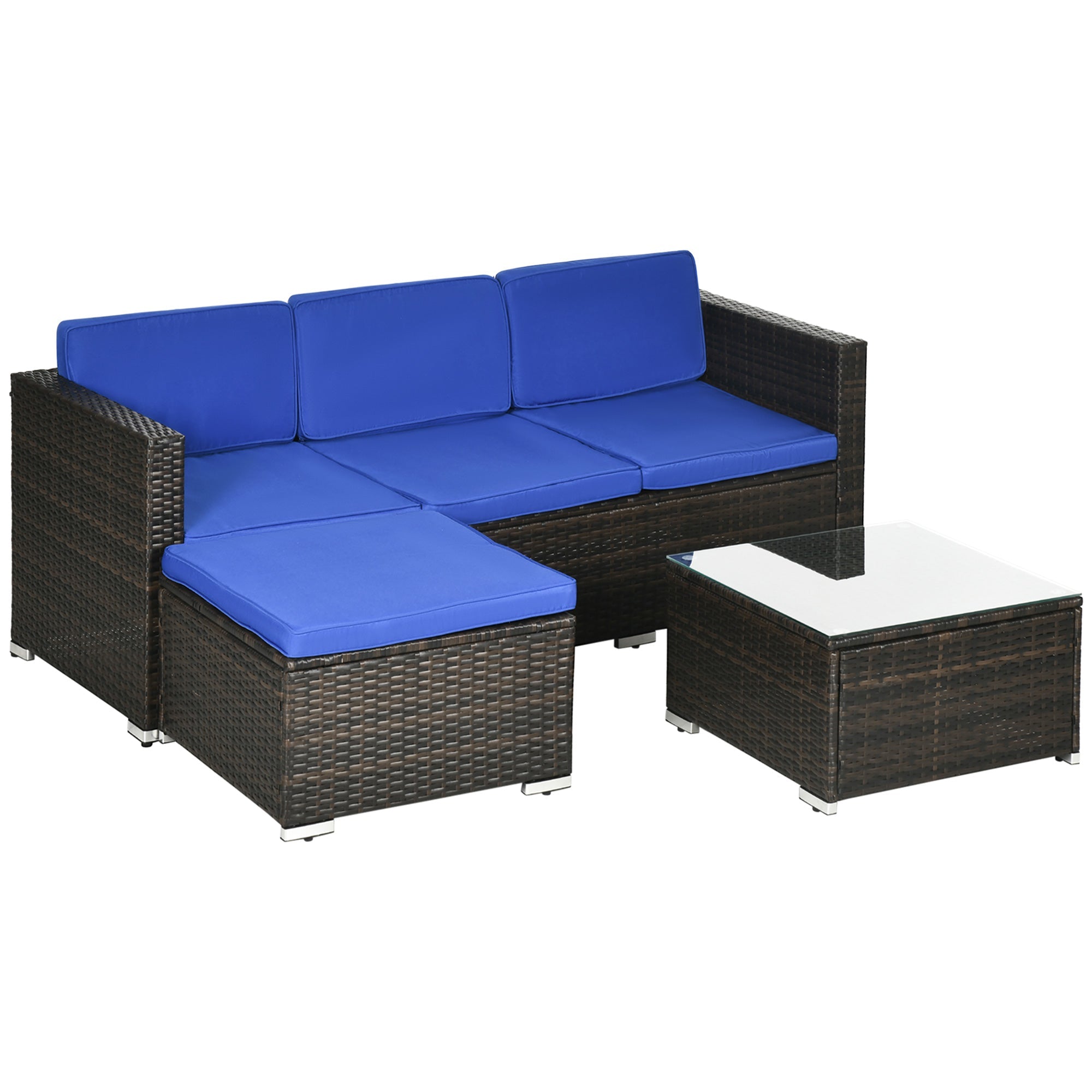 Outsunny 3 Pieces PE Rattan Patio Furniture, Wicker Conversation Corner Sofa Sets w/ Padded Cushions, Glass Top Table & Adjustable Foot