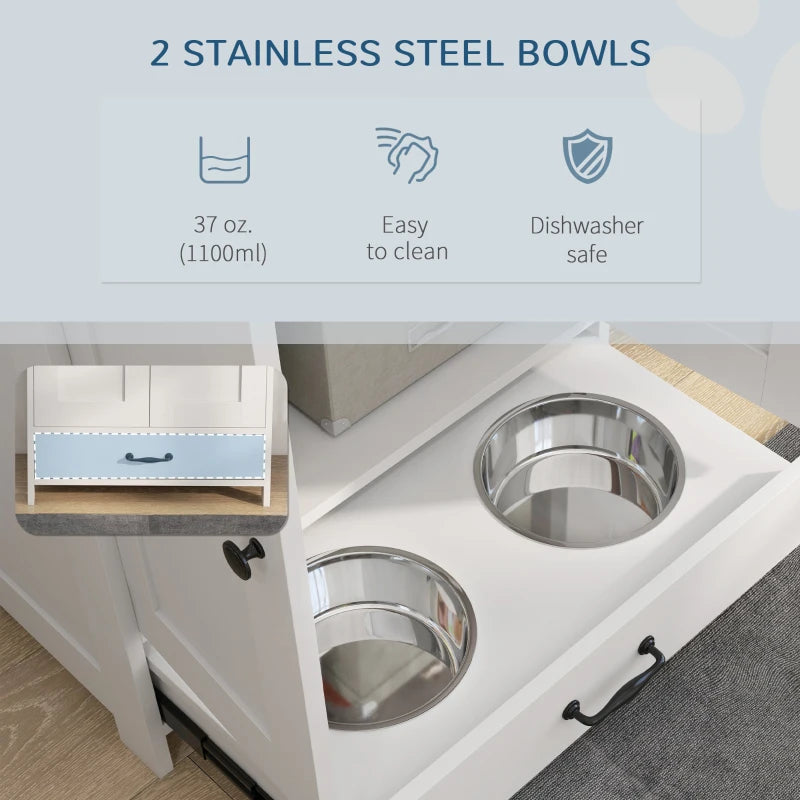 Pet Food Storage Container Dog Feeding Station w/ Adjustable Panel, Hooks, for Medium Sized Dogs, White