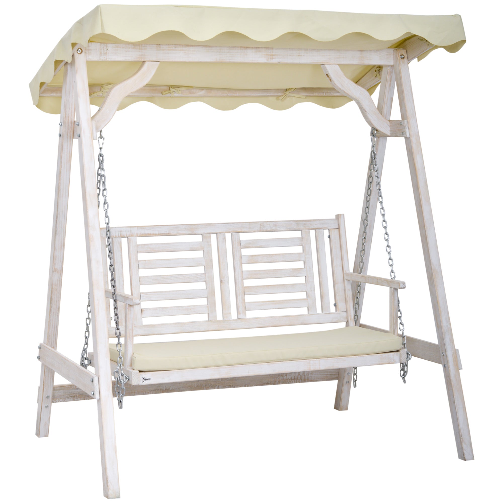 Outsunny Porch Perfection: 2-Seater Swing with Stand, Canopy, Cushion, Outdoor Wooden Swing Chair Bench