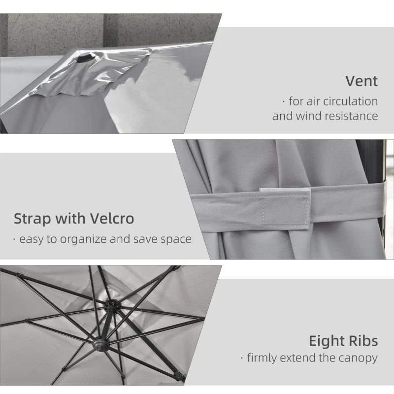 9ft Cantilever Patio Umbrella, Square Overhanging Umbrella with Cross Base, Crank Handle, Tilt Light Grey