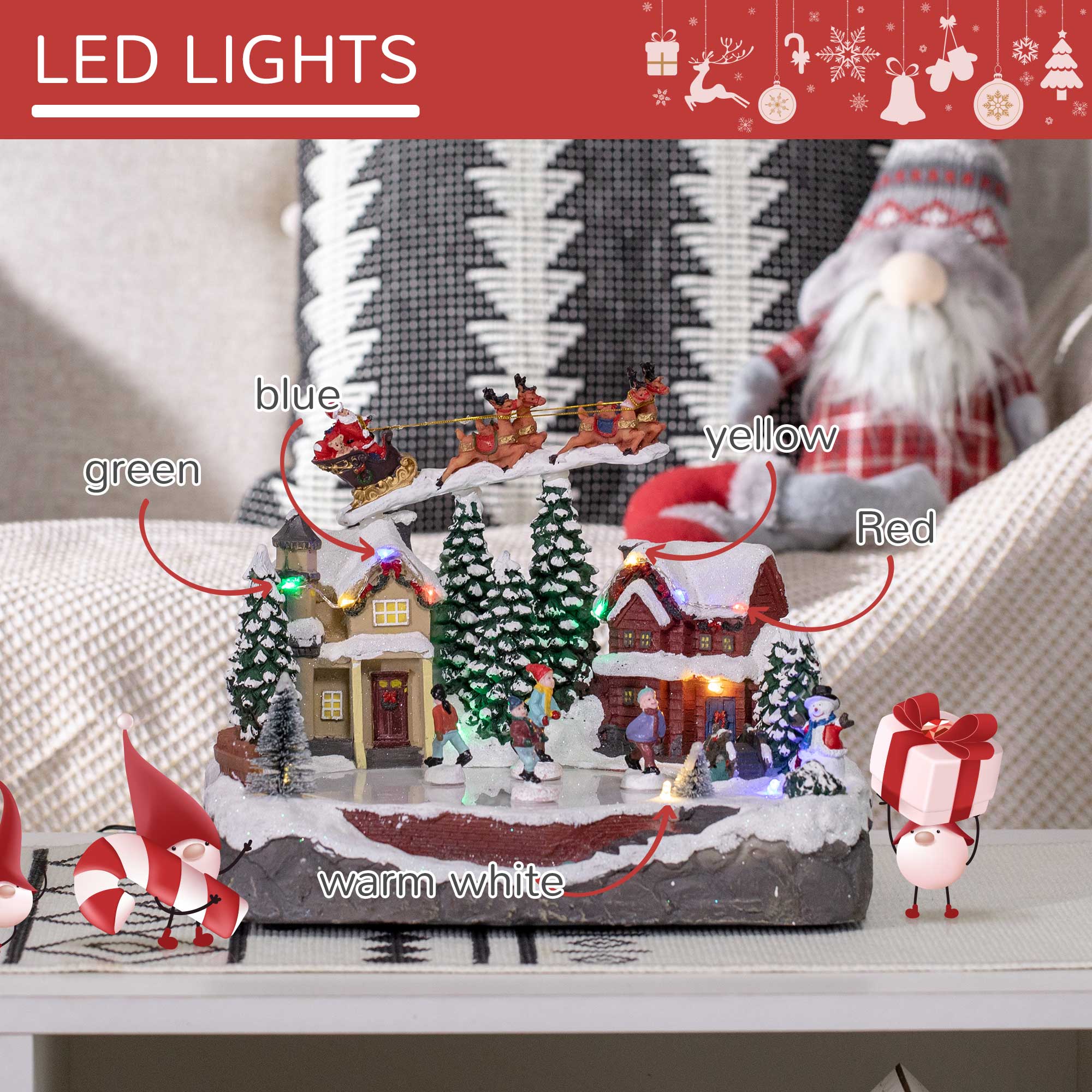 HOMCOM Christmas Village, Santa and Deer Skating Pond Animated Winter Wonderland Set with Multicolored LED Light, Christmas Decoration