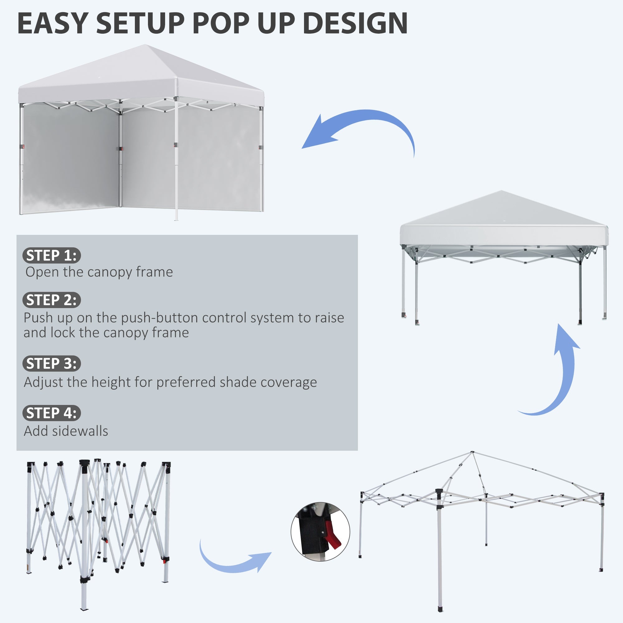 Outsunny Pop Up Canopy 10'x10' with Sidewalls & Roller Bag, Height Adjustable, White - Instant Shade for Outdoor, Garden, Patio