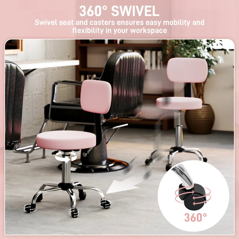 Adjustable Rolling Stool with Removable Backrest, Faux Leather Swivel Stool Chair for Salon Spa, Bar, Massage, Pink