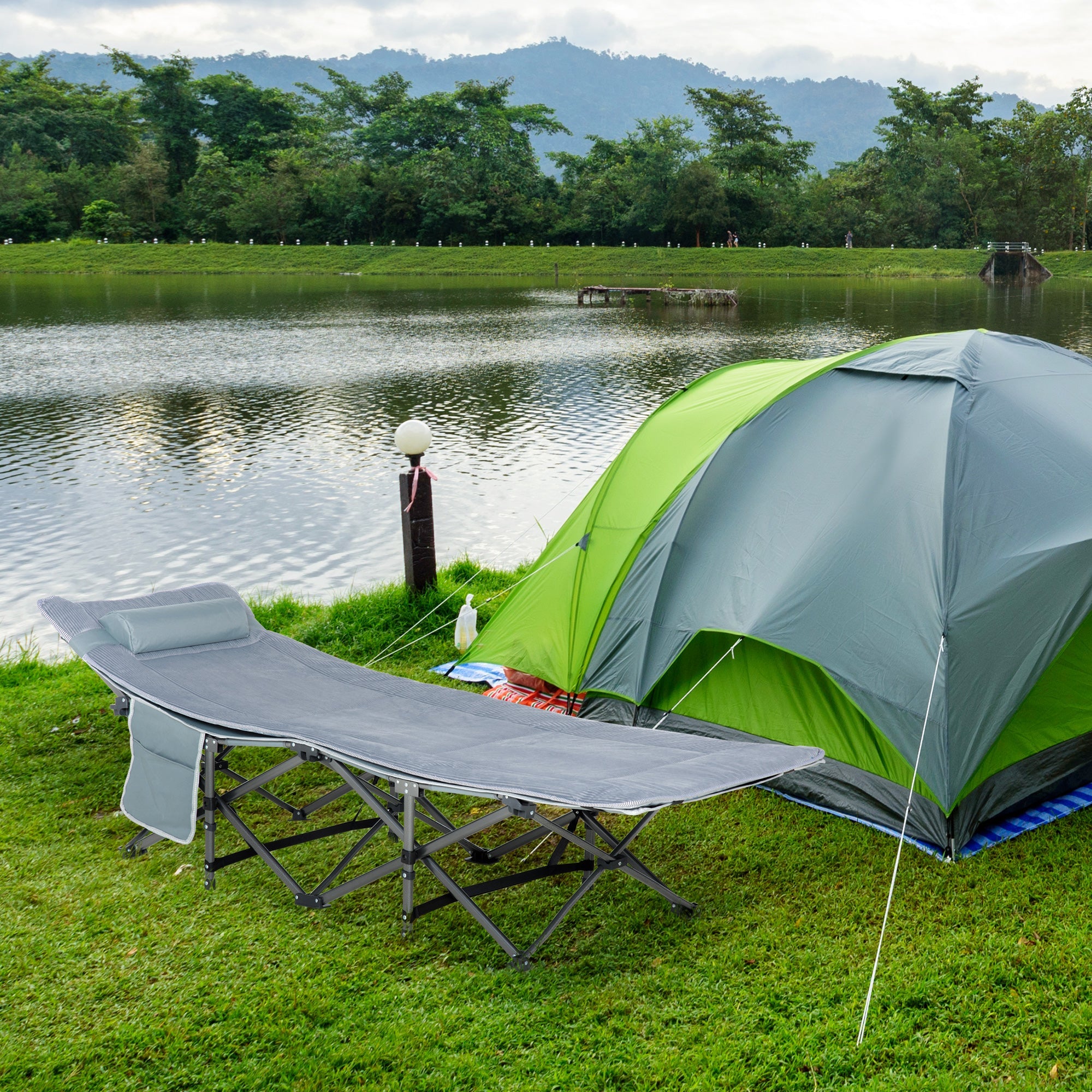 Outsunny Folding Camping Cot with Mattress Pillow Double Layer Oxford Heavy Duty Sleeping Cot Carry Bag Dark Grey