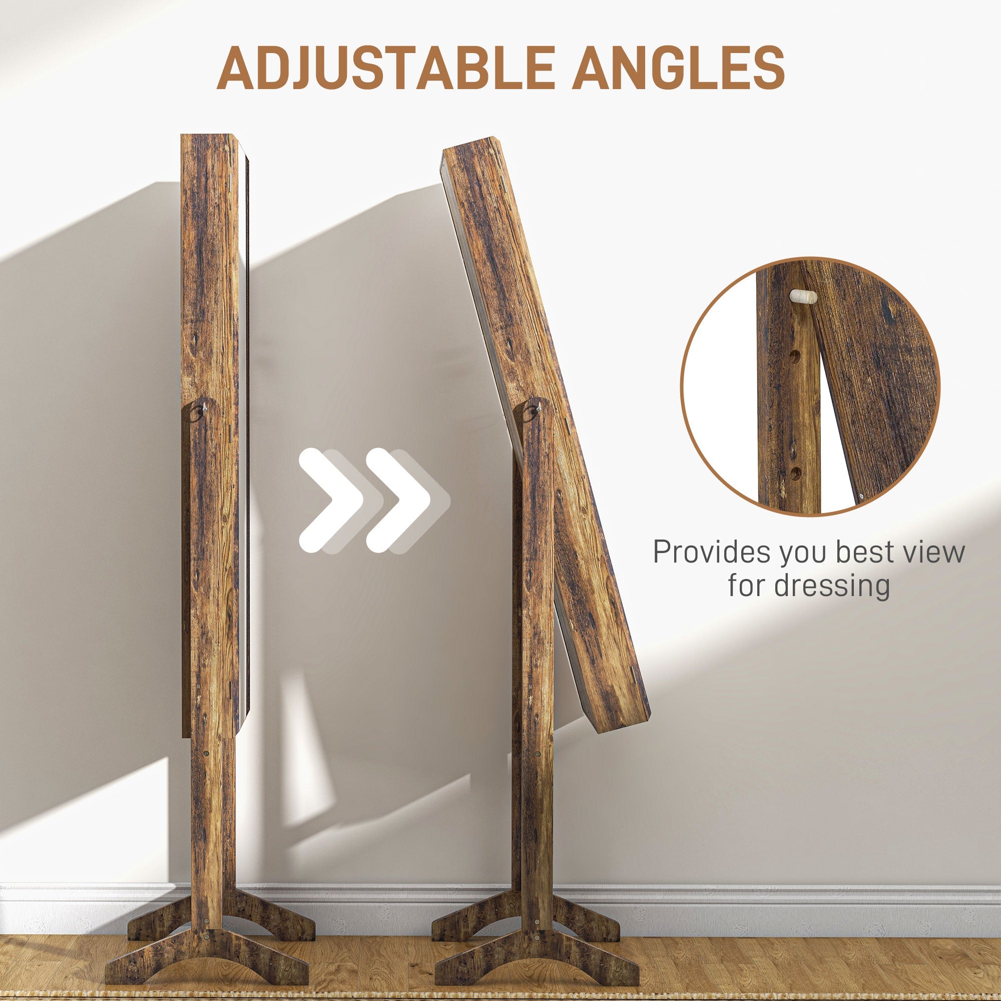 HOMCOM Lockable Jewelry Armoire Full Length Mirror 3 Angle Adjustments Wooden Storage Cabinet Rustic Brown