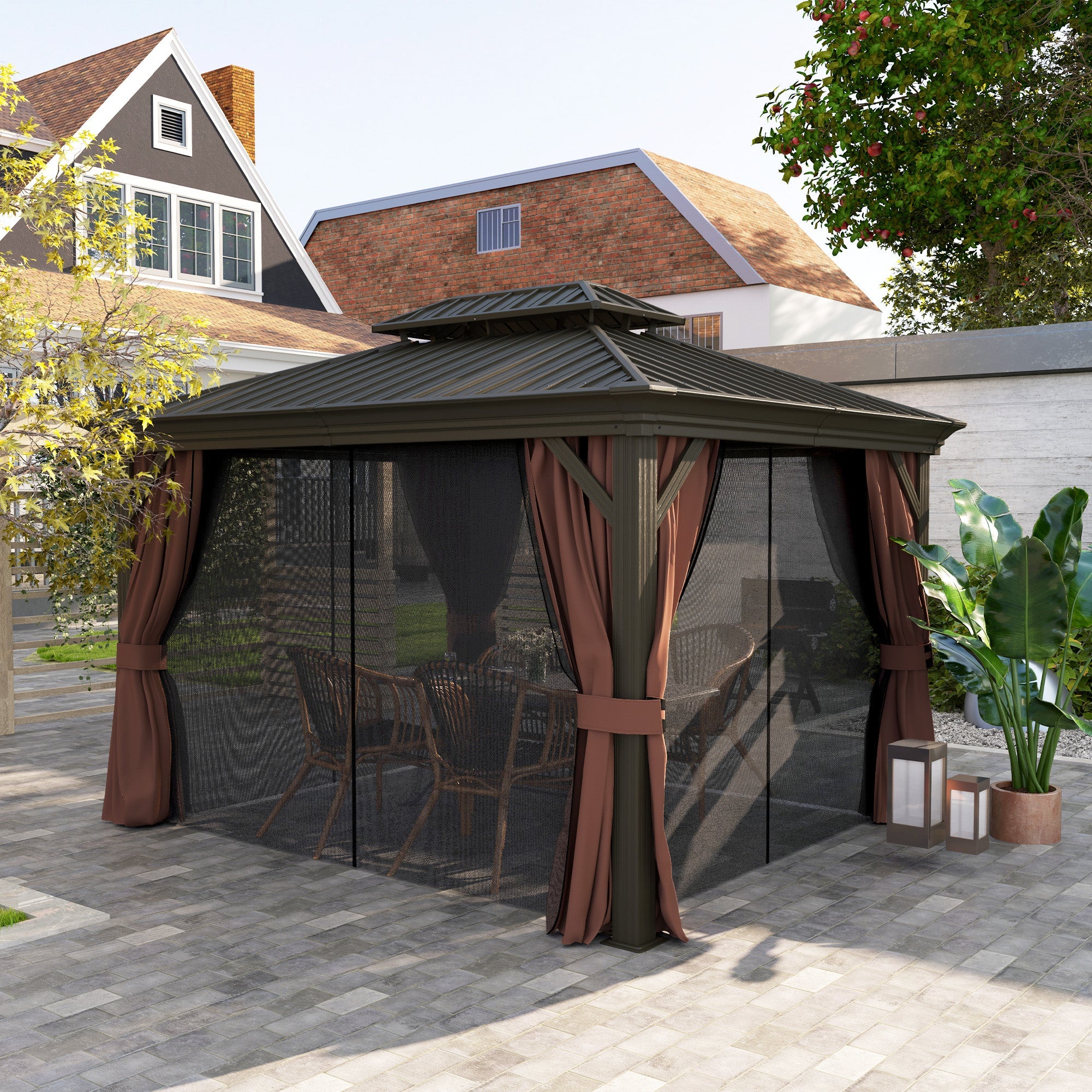 Outsunny 10' x 12' Outdoor Hardtop Gazebo with Galvanized Canopy & Netting Sidewalls for Lawn, Backyard, Dark Brown
