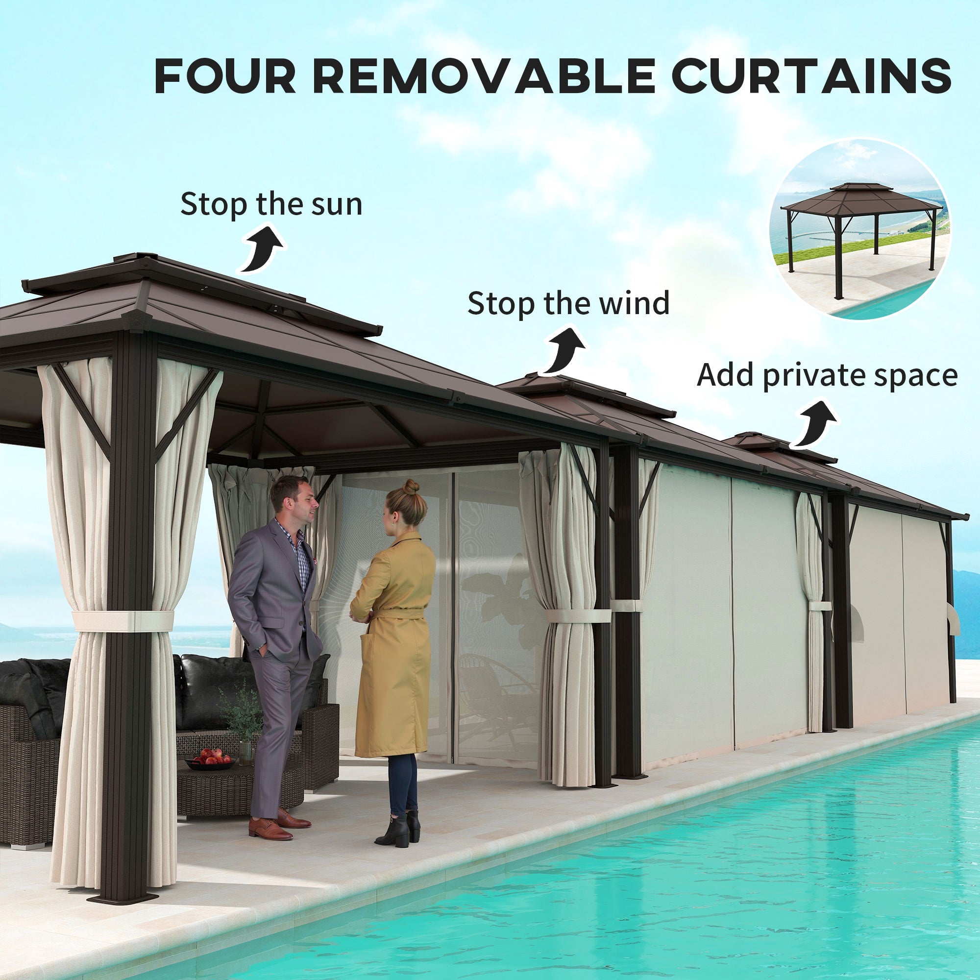 Outsunny 10' x 13' Hardtop Gazebo Canopy with UPF30+ Double Polycarbonate Roof, Aluminum Frame, Netting and Curtains, Beige