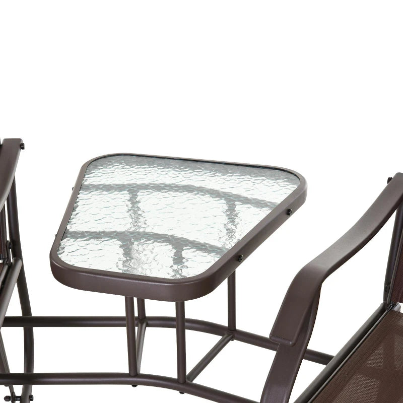 Double Patio Glider Chair with Glass Top Center Table, Outdoor Glider Loveseat with High Back, All Weather Breathable Mesh Fabric for Garden, Backyard, Deck, Brown