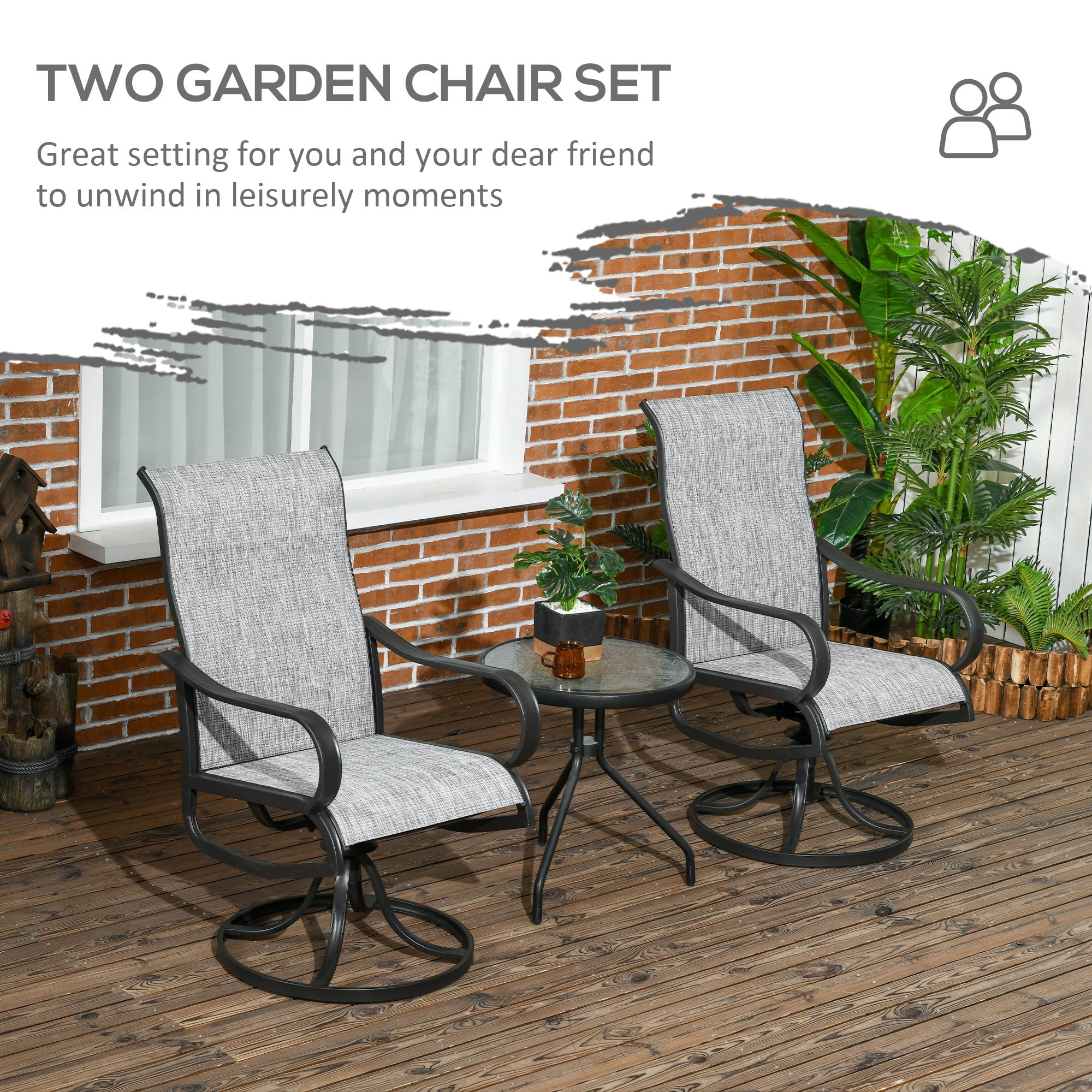 Outsunny 2pc 360° Swivel Rocking Chairs Curved Armrests S Shape Backrest Breathable Mesh Fabric Dark Grey