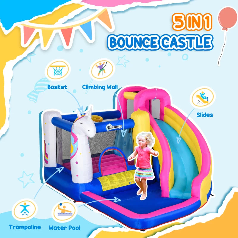 Kids 5 in 1 Inflatable Bounce Castle House, Trampoline Water Slide Pool Climbing Wall with Inflator for Kids Age 3-12 Summer 12.4' x 10.5' x 6.9' - Multi-color