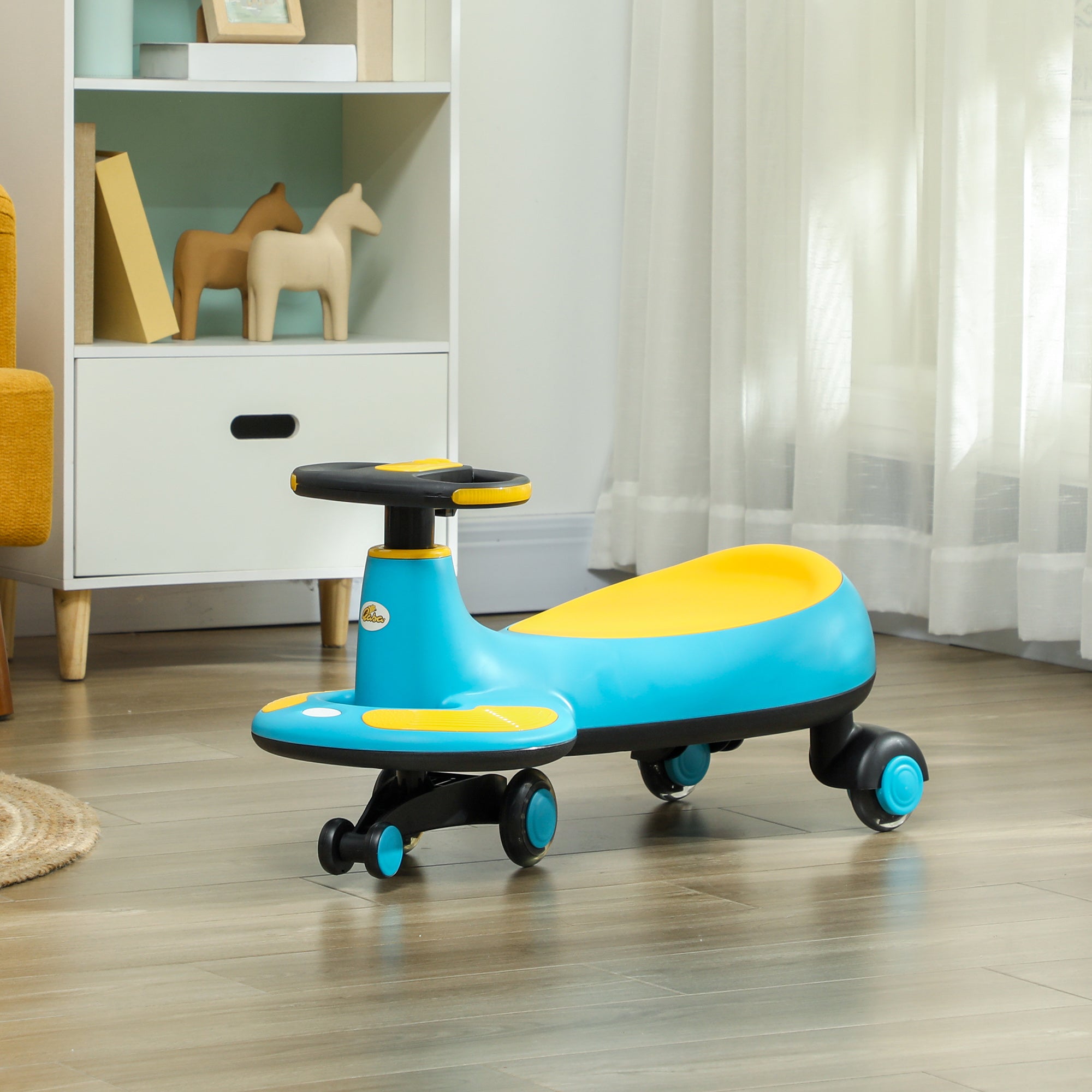 Qaba Kids Wiggle Car w/ Parent Traction Rope, Music, Light, Blue