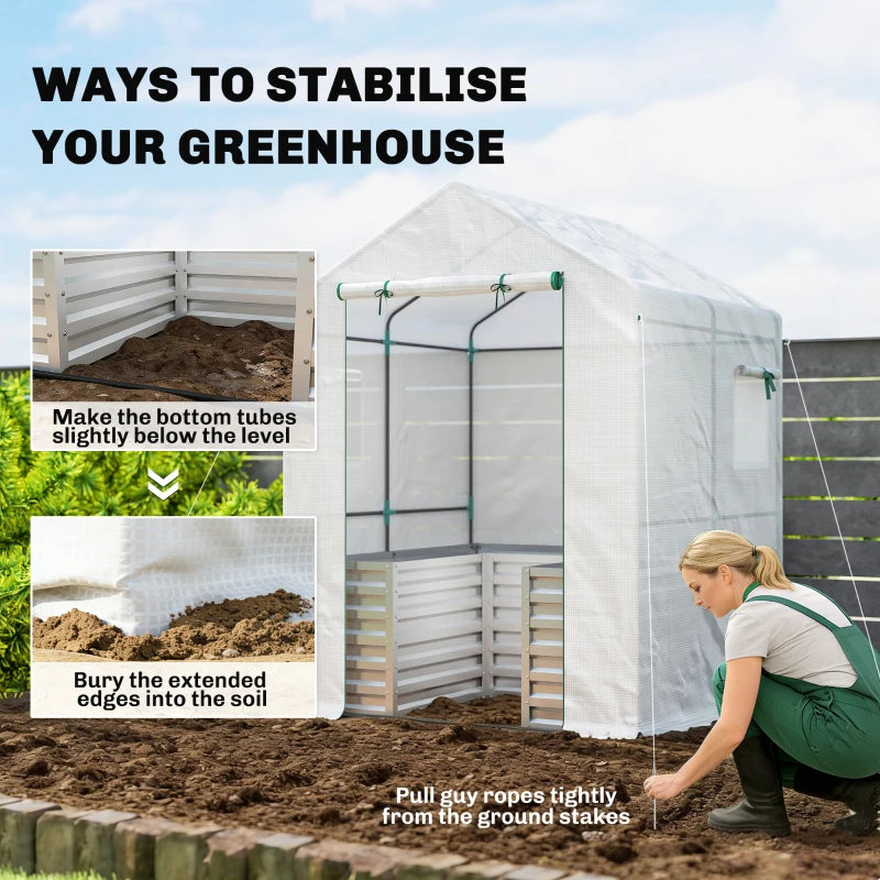 Greenhouse with Raised Garden Bed, Galvanized Metal Planter Box with PE Cover, Roll Up Door, 56" x 56" x 75", White