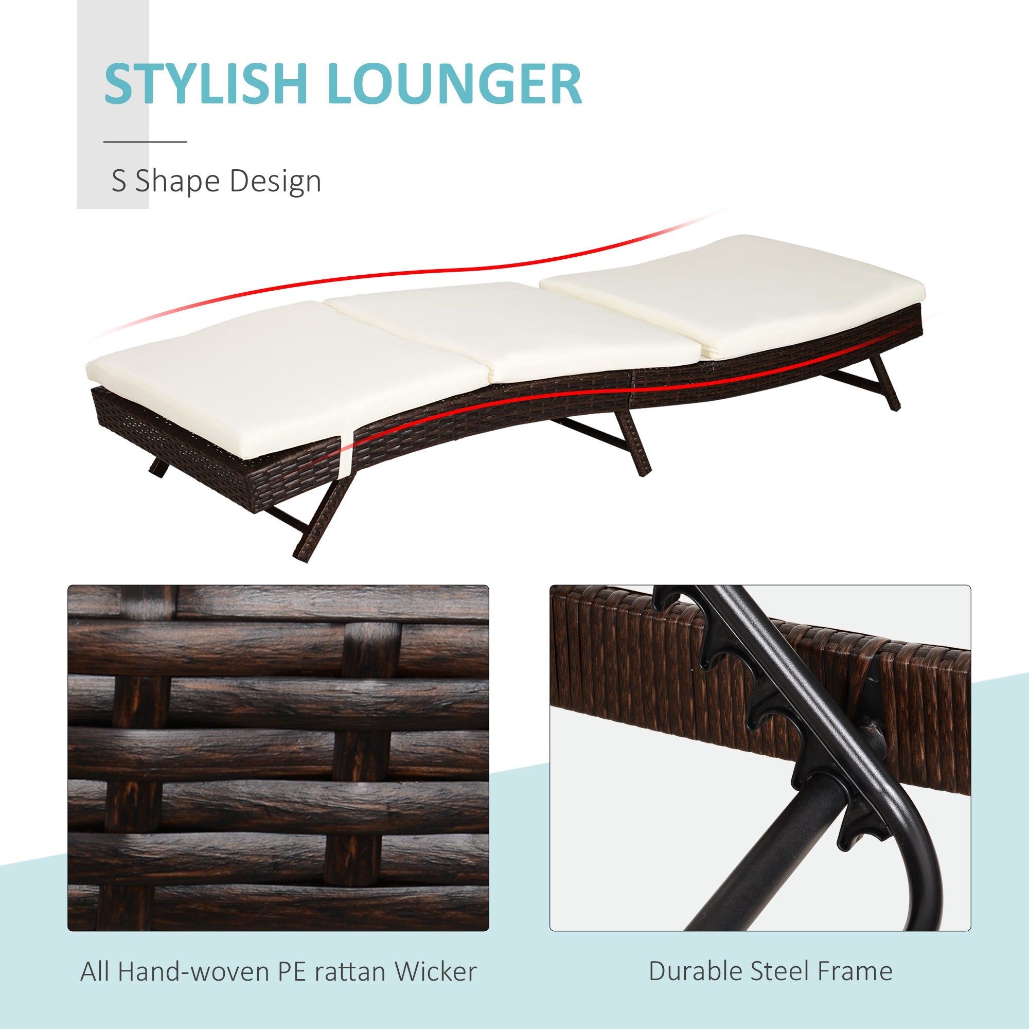 Outsunny Patio Lounger Chair Outdoor Rattan Wicker Chaise 5 Position Back Cream Cushion