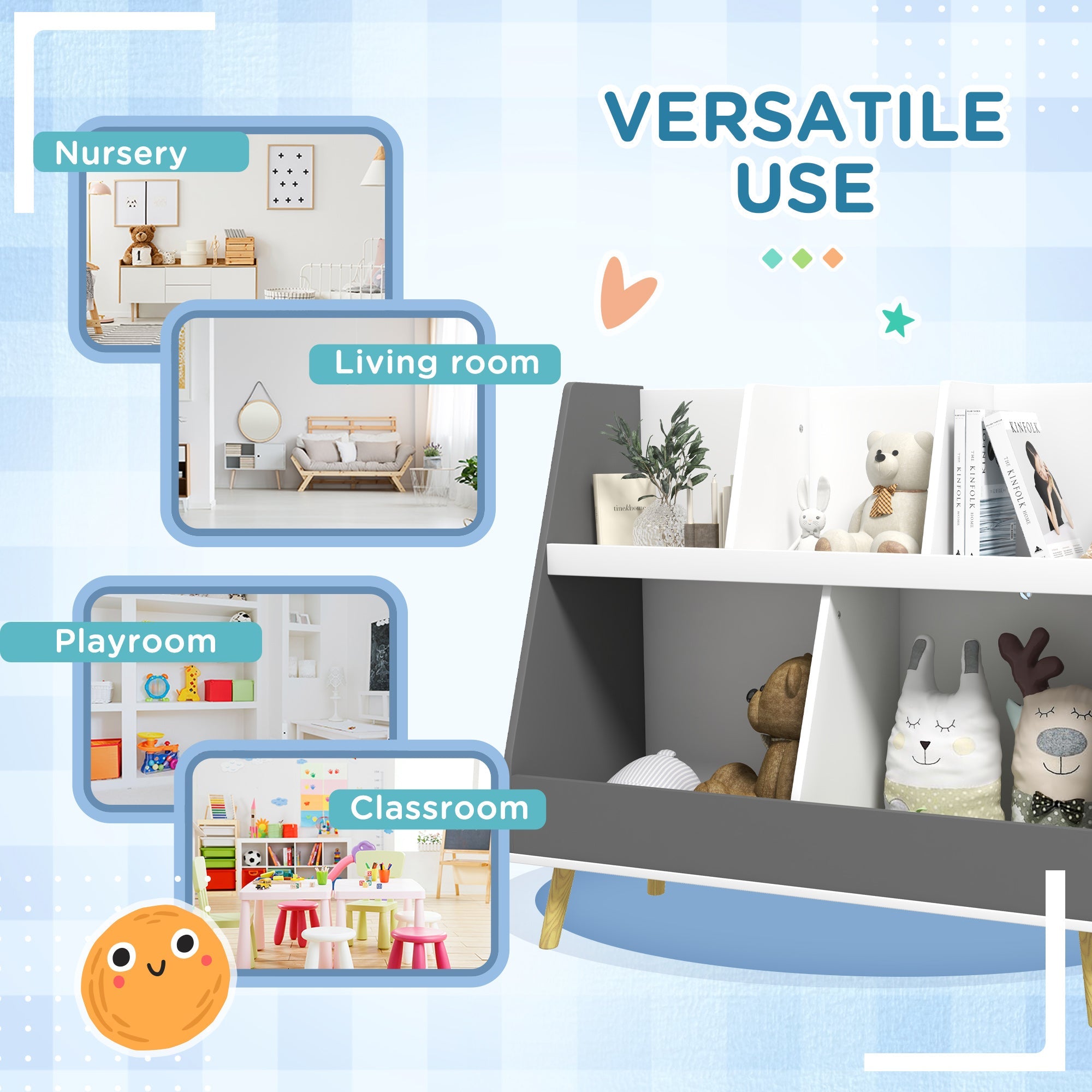 Qaba Toy Storage Organizer: 2 Tier with 5 Compartments, Safety Anti-tip for Nursery & Playroom - Grey