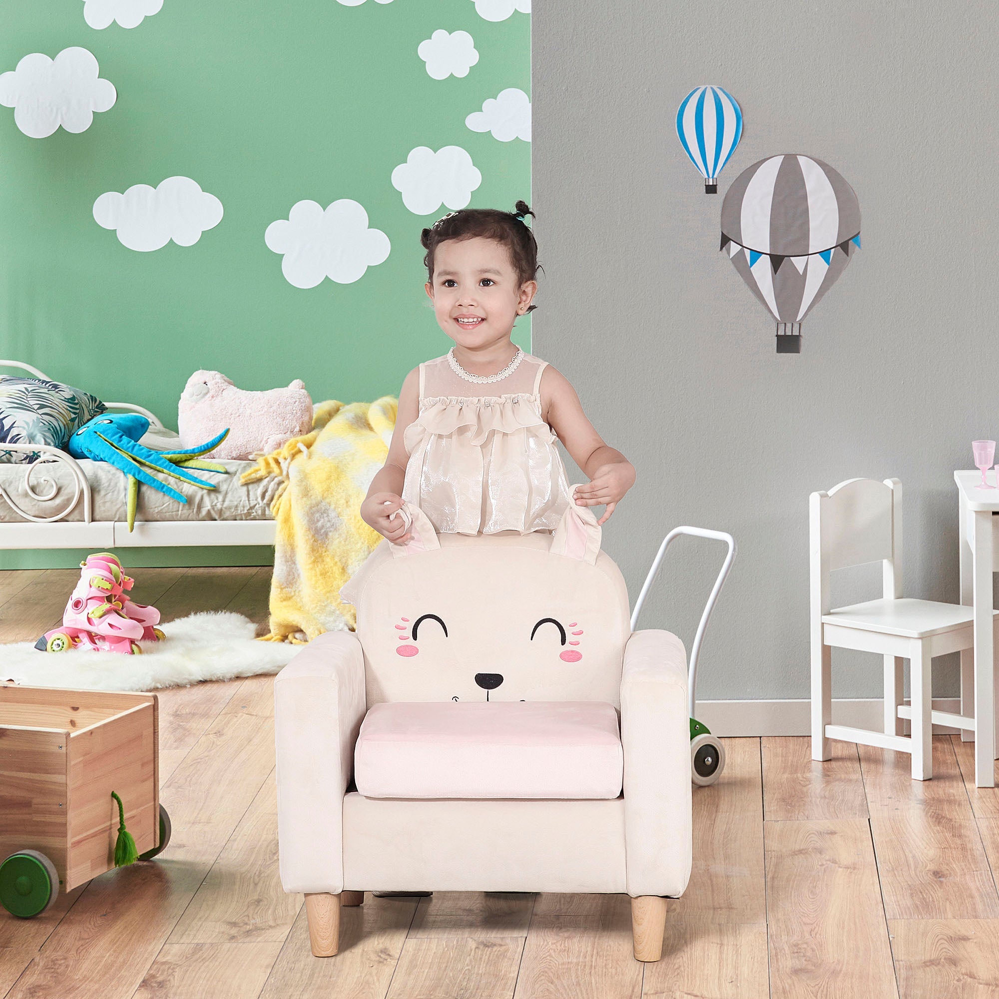 Qaba Kids Sofa: Charming Rabbit Ear Design, Sturdy Wooden Legs, Perfect for Preschool & Bedroom - Cream