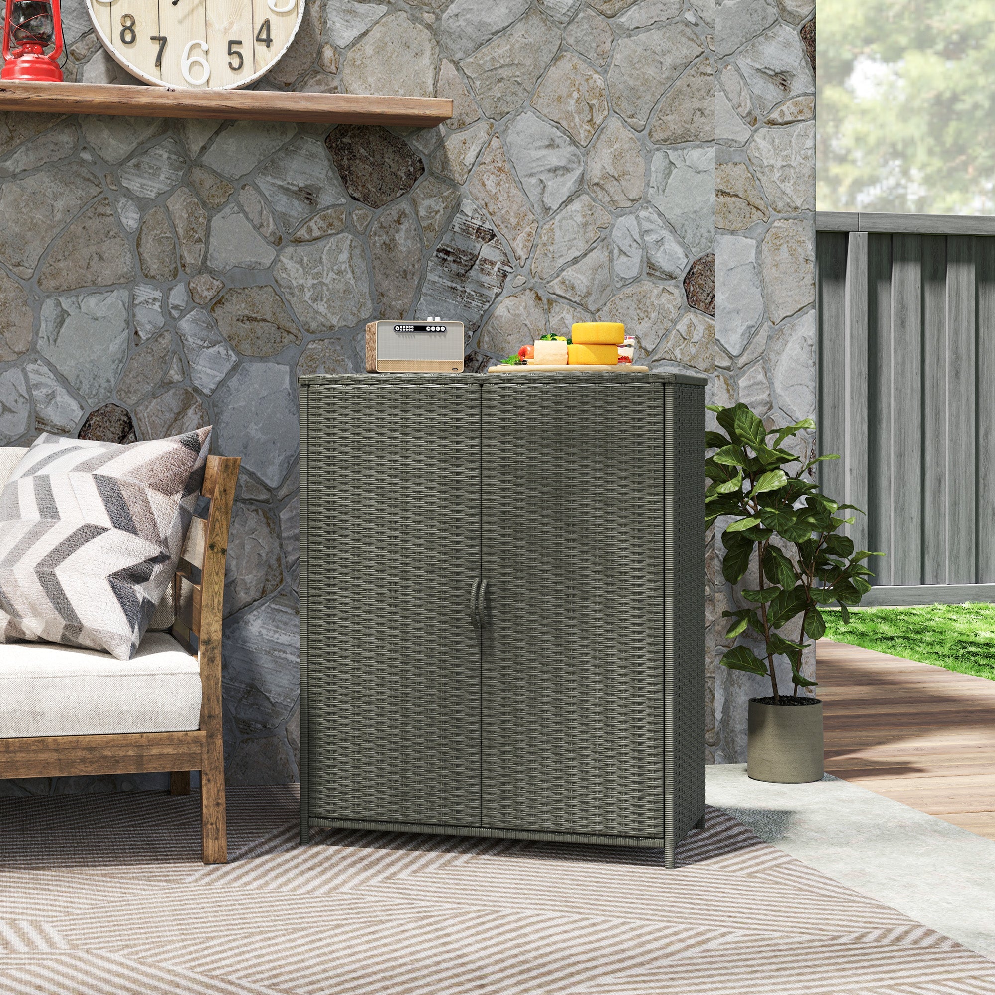 Outsunny Wicker Outdoor Storage Cabinet, Pool Storage Organizer with 4 Shelves and 2 Doors for Garden, Backyard, Dark Grey