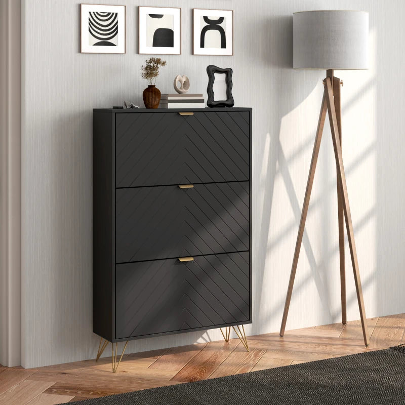 Modern Shoe Storage Cabinet with 3 Flip Drawers for 18 Pairs, Narrow Shoe Organizer for Entryway, Hallway, Black
