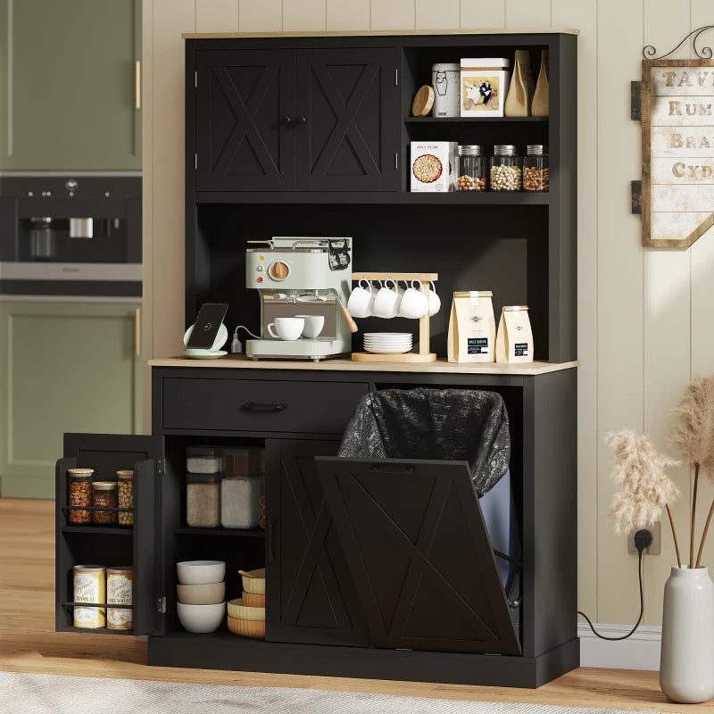 69" Pantry Cabinet with Charging Station, Kitchen Cabinet with Microwave Stand, Tilt-Out Trash Can Cabinet, Black