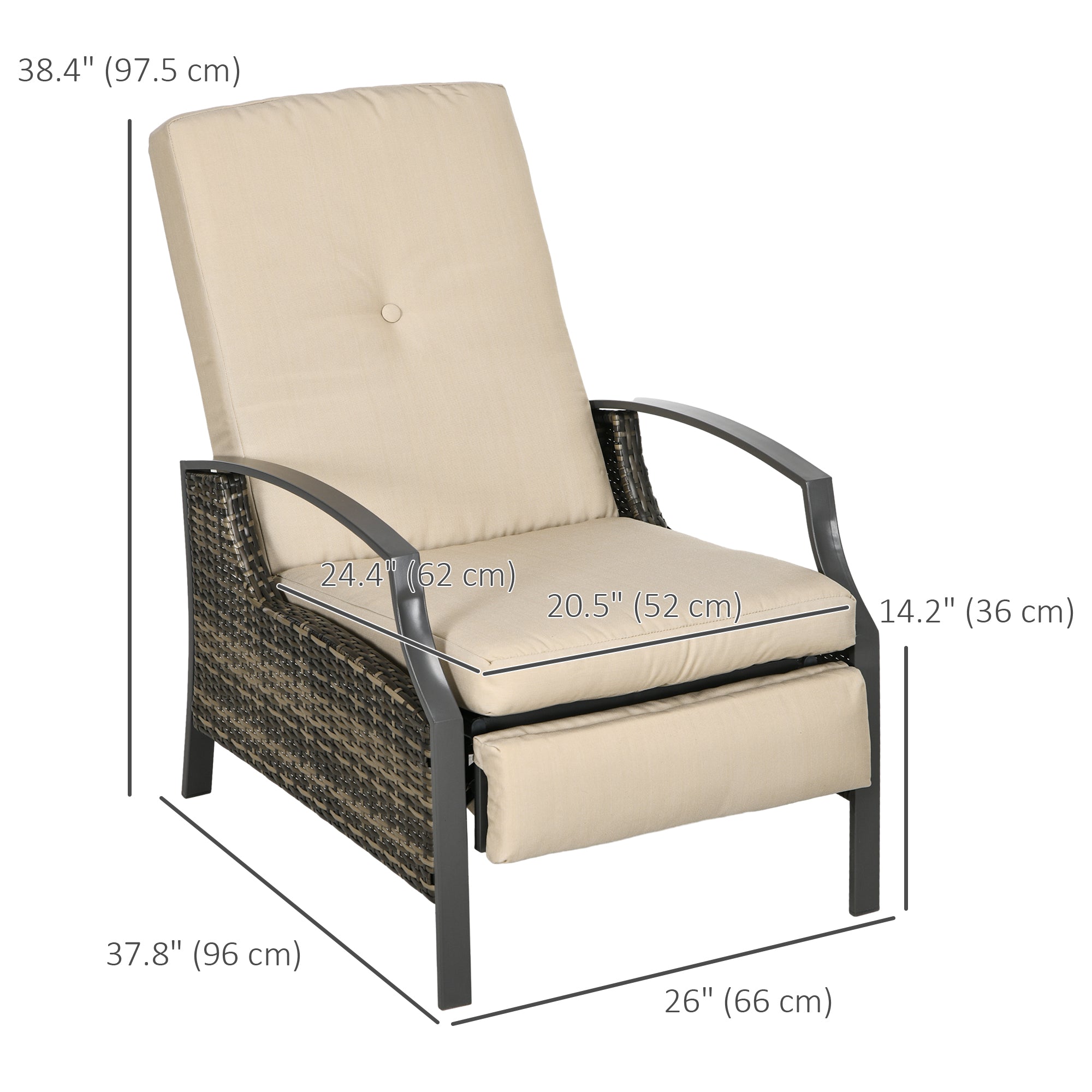 Outsunny Rattan Recliner Chair for Outside Wicker Reclining Chair with Adjustable Back Retractable Footrest Cushion Khaki