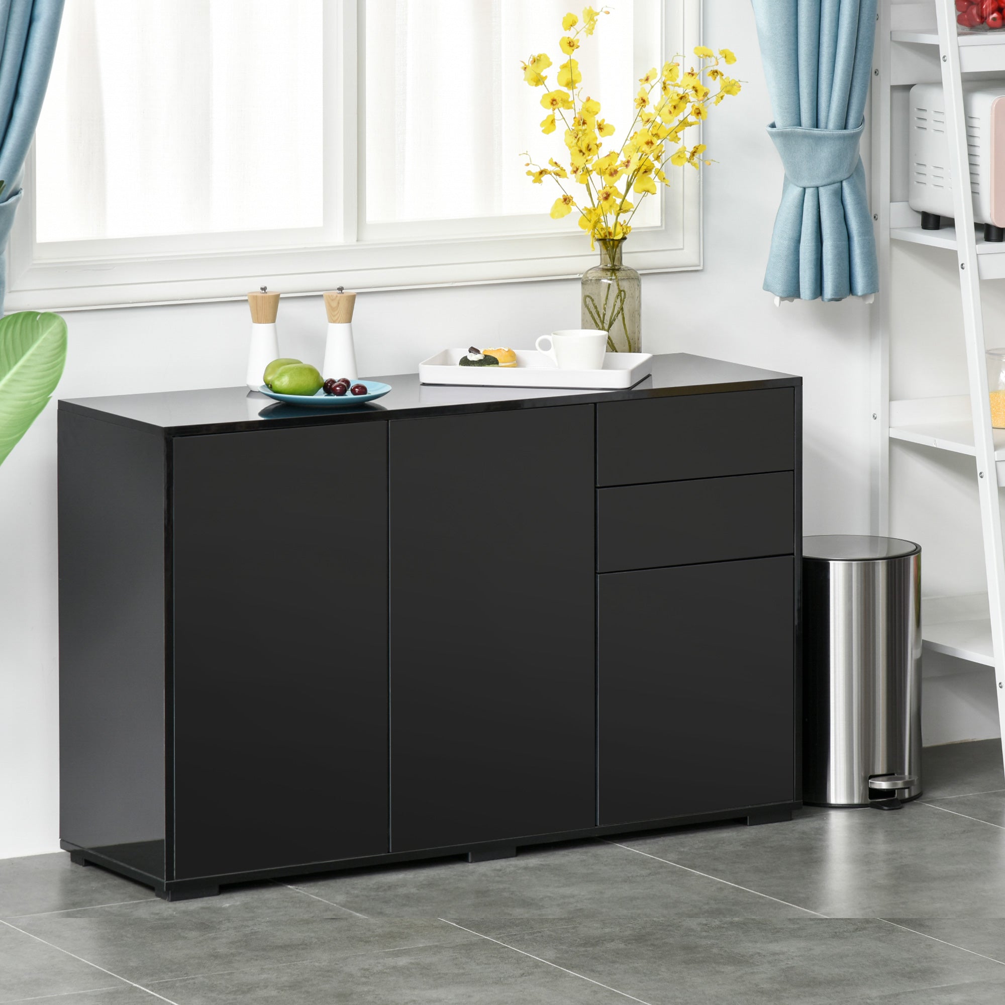 HOMCOM Modern Black Coffee Bar Cabinet: Bedroom & Living Room Sideboard with Push-Open Drawers for Streamlined Design