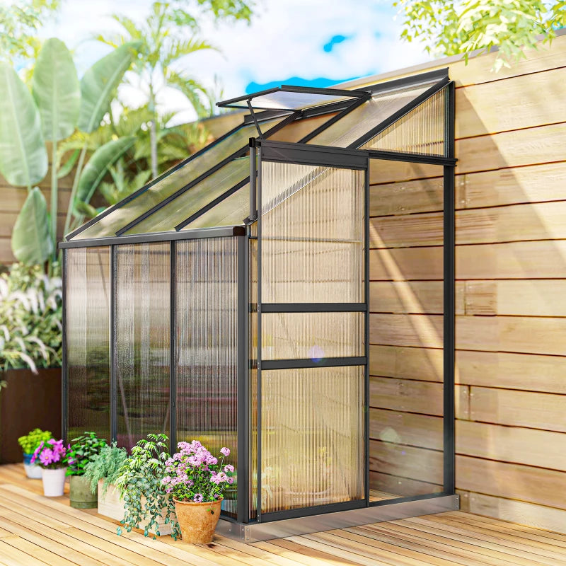 Aluminum Lean-to Greenhouse Polycarbonate Walk-in Greenhouse with Rain Gutter and Sliding Door, 6' x 4', Dark Grey