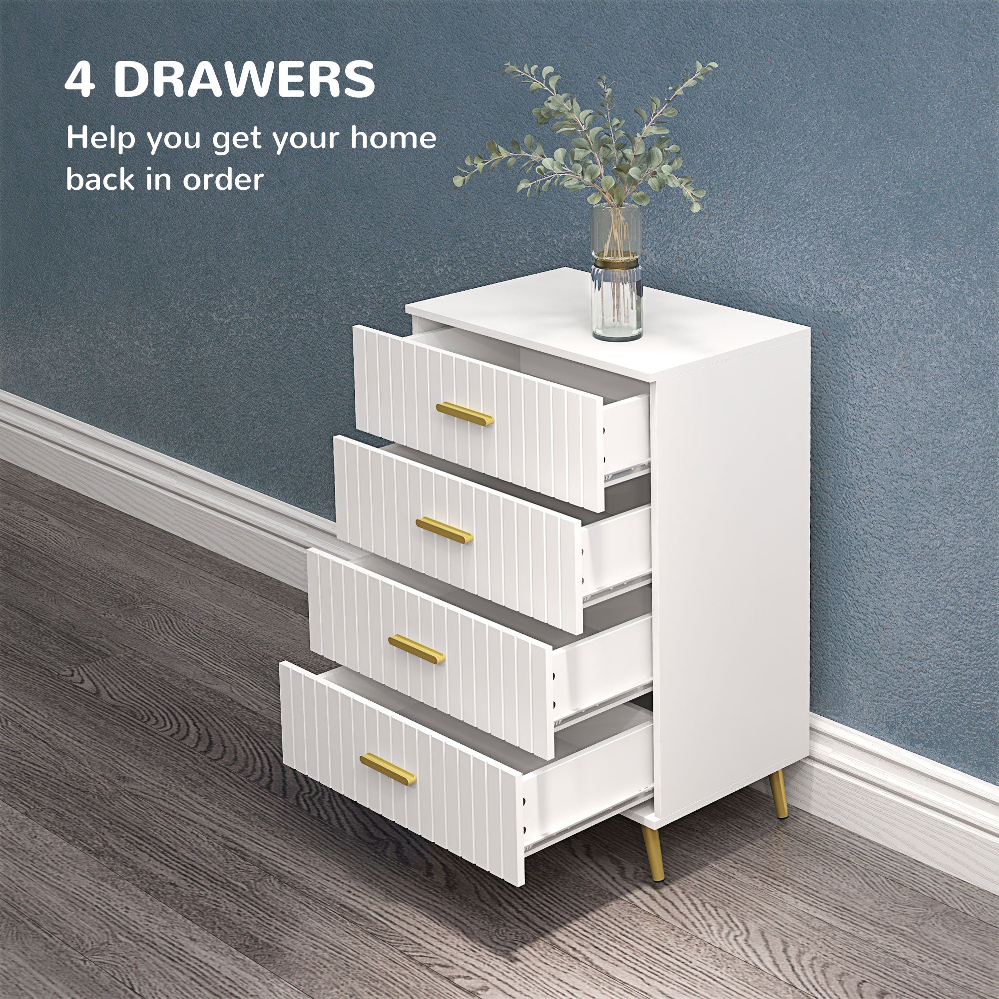 HOMCOM 4 Drawer Cabinet, Drawer Chest for Bedroom, Chest of Drawers with Aluminium Legs and Gold Handles, White