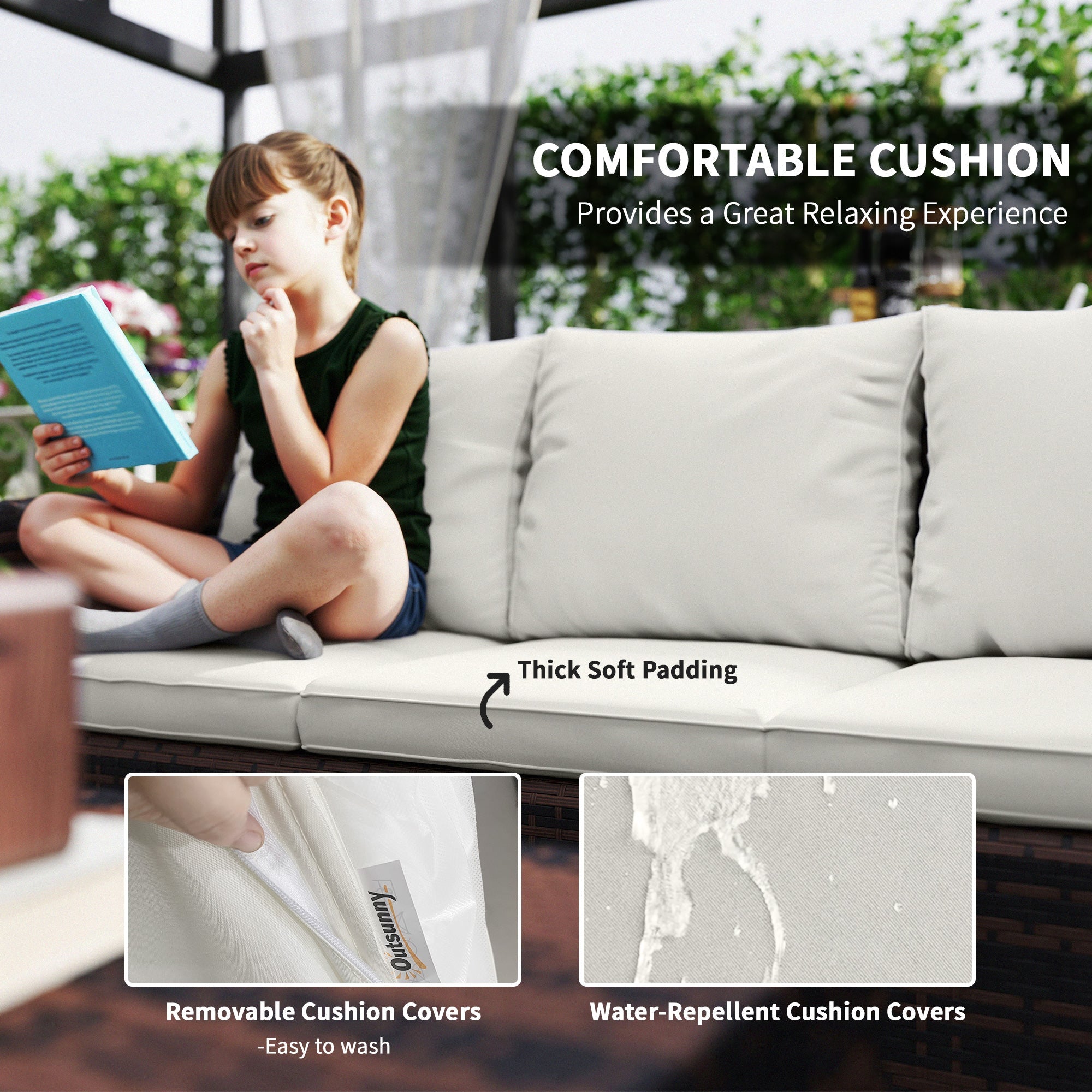 Outsunny 6 Piece Patio Furniture Set, Rattan Wicker Patio Sofa Set Sectional Outdoor Conversation Sofa Set Storage Table & Cushions, Cream White