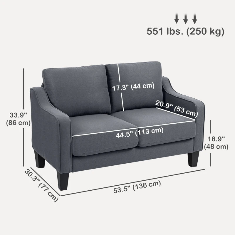 Loveseat Sofa, Modern Couch with Pocket Spring, Linen Upholstered, Thick Padded, Charcoal Grey