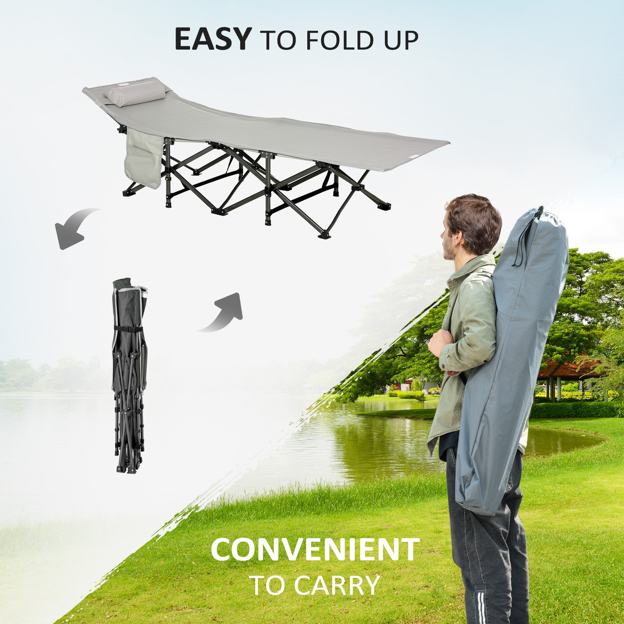 Outsunny Folding Camping Cot for Adults with Mattress Pillow Double Layer Oxford Heavy Duty Sleeping Cot Carry Bag Grey