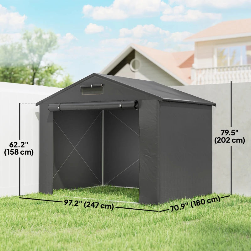 8' x 6' Portable Shed, Waterproof Bike Tent with Roll-up Zipper Door, Vent and Galvanised Metal Frame, Dark Grey