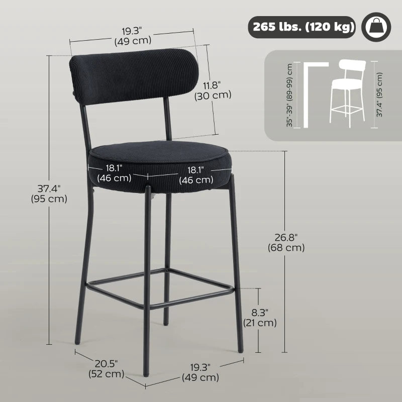 Set of 2 Barstools, Upholstered Corduroy Bar Stools with Backrest, Footrest for Kitchen Island, Dining Room, Black