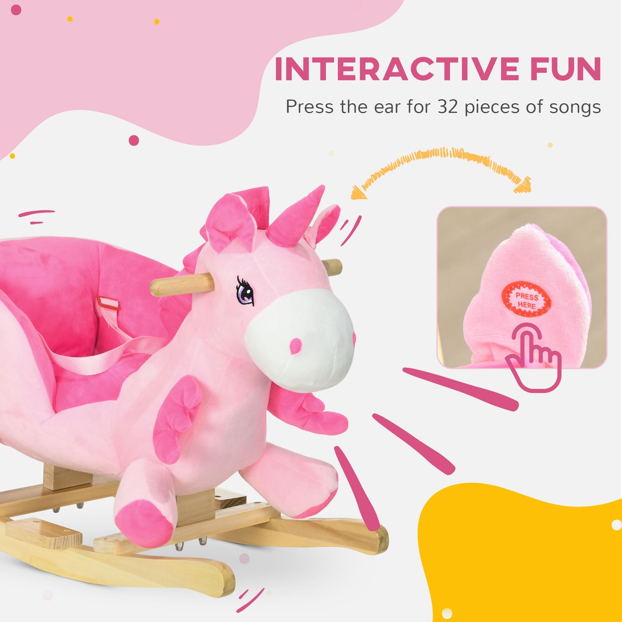 Qaba Rocking Unicorn for Babies - Ride On Horse with Songs, Toddler Rocker with Safety Belt, 1.5-3 Years, Pink