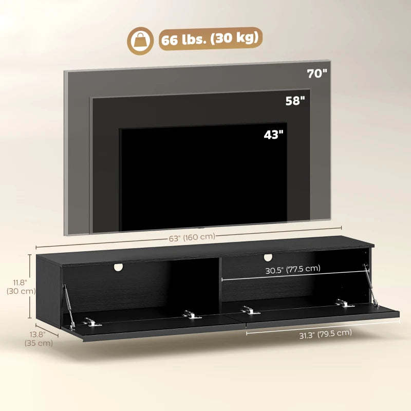 Wall Mounted TV Stand, Floating TV Cabinet with Storage, for TVs up to 70", High Gloss Effect, Black