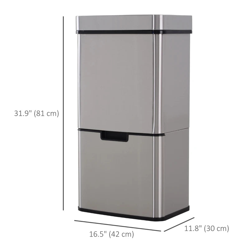 Sensor Trash Can, 19 Gallon Stainless Steel Kitchen Garbage Can with 3 Compartments, Removable Inner Buckets, Silver
