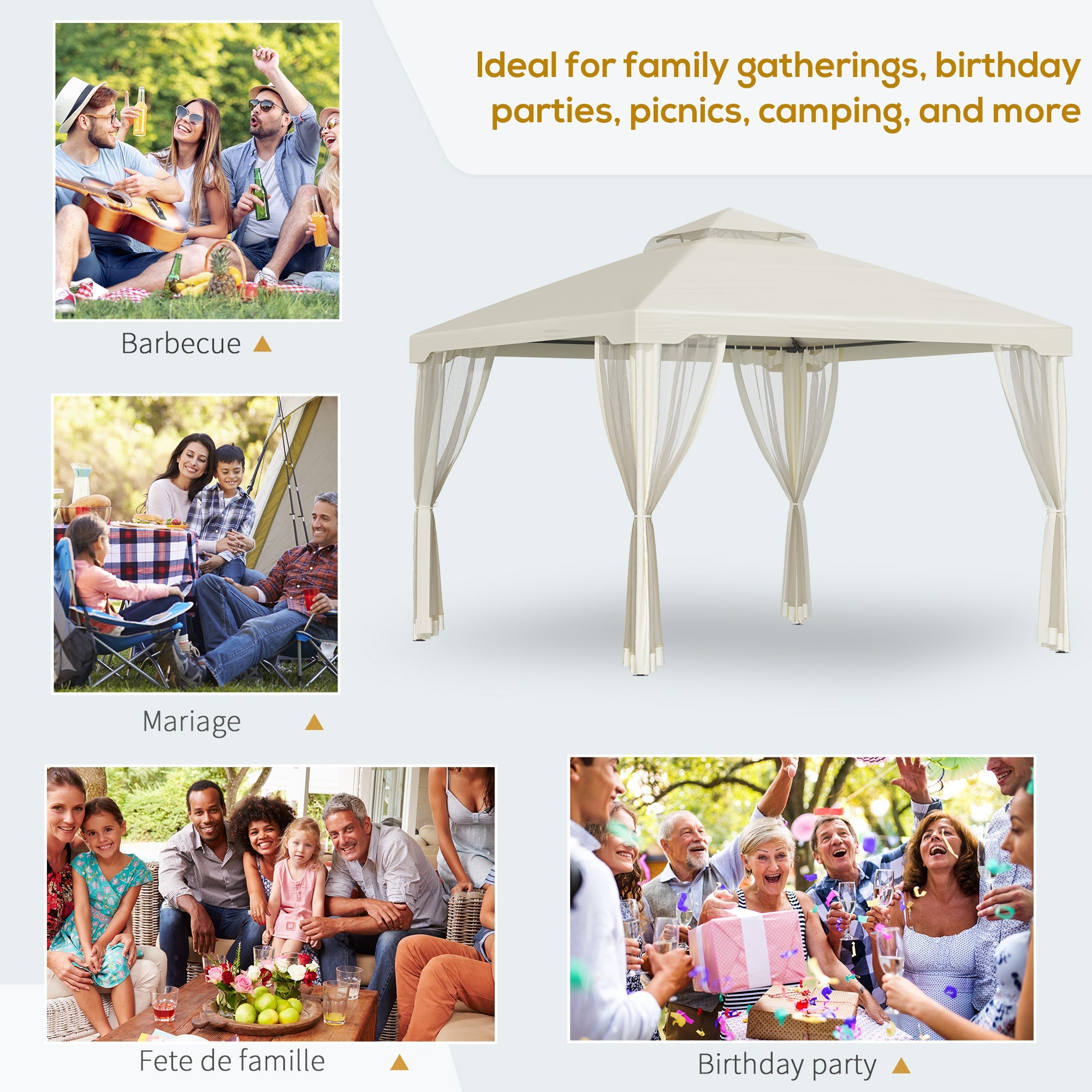 Outsunny 9.7'x9.7' Patio Gazebo Outdoor Pavilion 2 Tire Roof Canopy Shelter Garden Event Party Tent, Cream White
