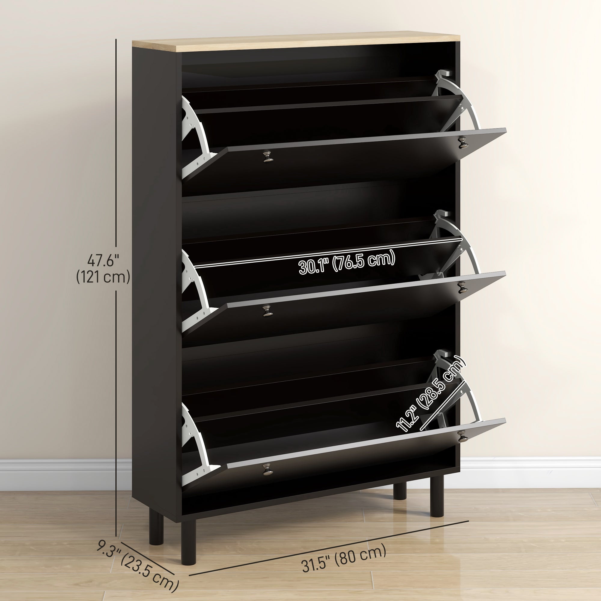 HOMCOM Narrow Shoe Storage Cabinet with 3 Flip Drawers Adjustable Shelves for 24 Pairs Black