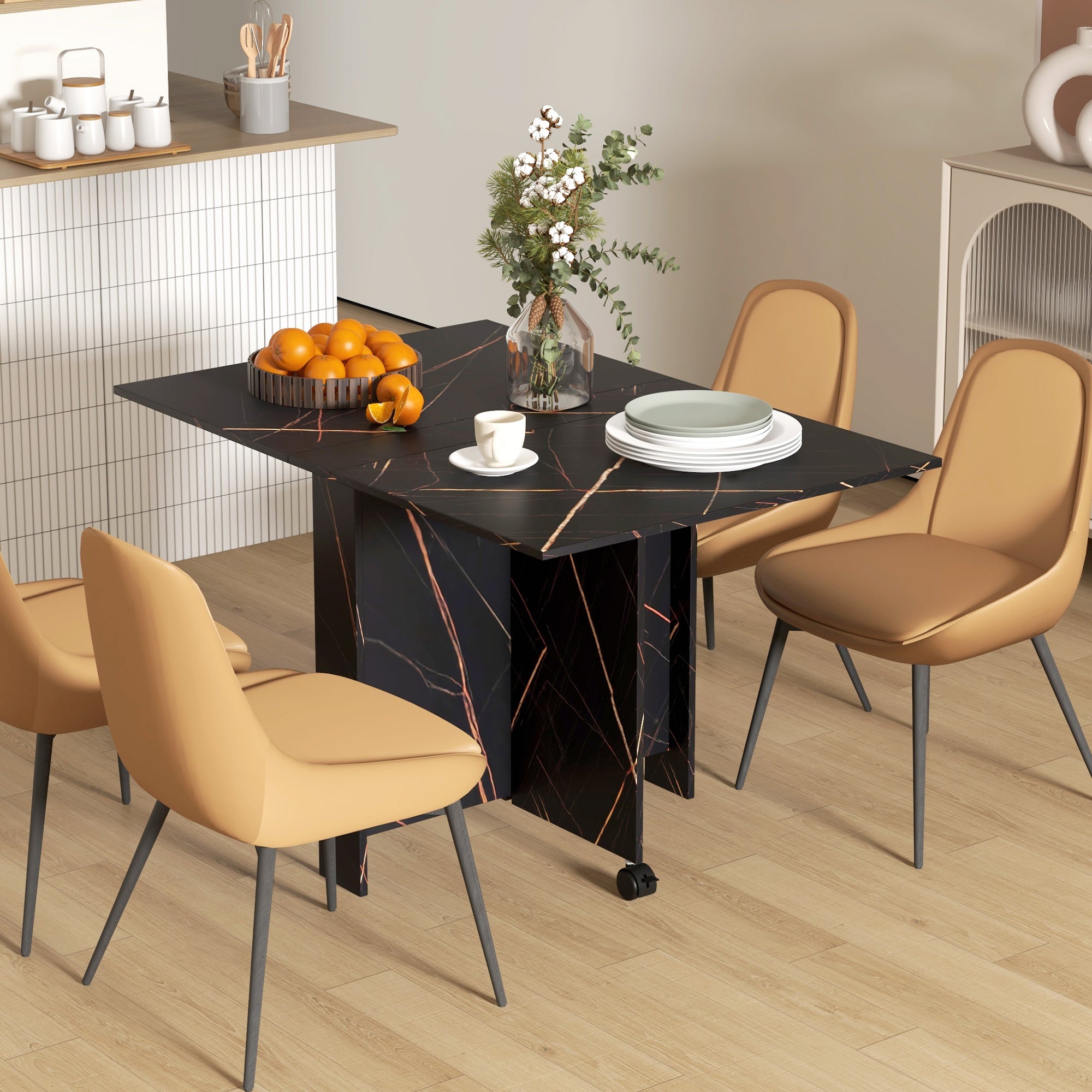 HOMCOM 6-Person Folding Dining Table with Wheels Drop Leaf Faux Marbled Black Side Table for Kitchen Dining Room