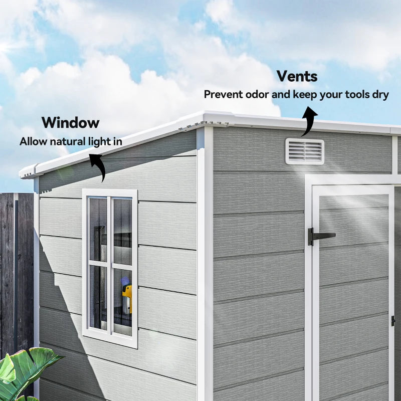 8' x 4' Resin Outdoor Storage Shed with Floor, Window, Lockable Doors and Vents for Backyard Patio Lawn, Light Grey