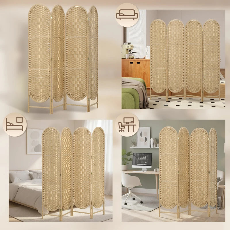 Bohemian Privacy Screen, Folding Room Divider with 4 Panels and Arched Top for Bedroom Living Room Office, Natural Wood