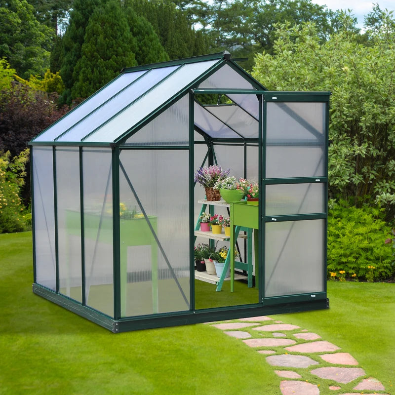 Outsunny 6.2' x 6.3' x 6.6' Clear Polycarbonate Greenhouse, Large Walk-In Green House Garden, Plants Grow, Galvanized Sheet Frame w/ Slide Door