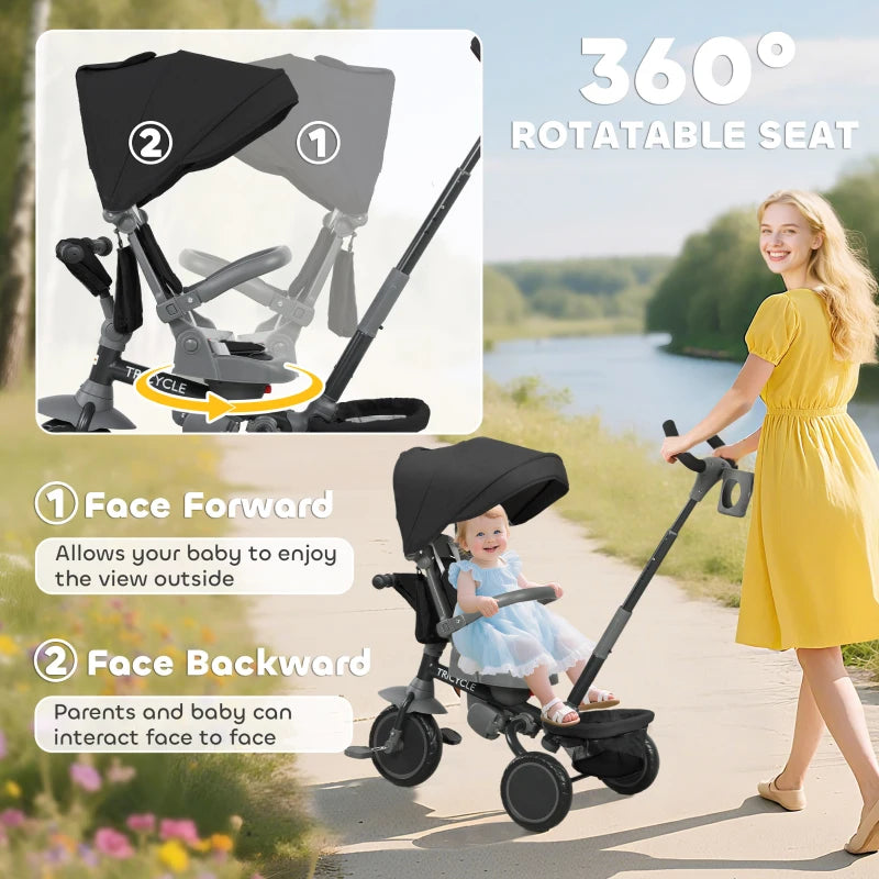 Qaba 6 in 1 Toddler Tricycle for 1-5 Years Old with Push Handle, Removable Canopy, Rotatable Seat, Black